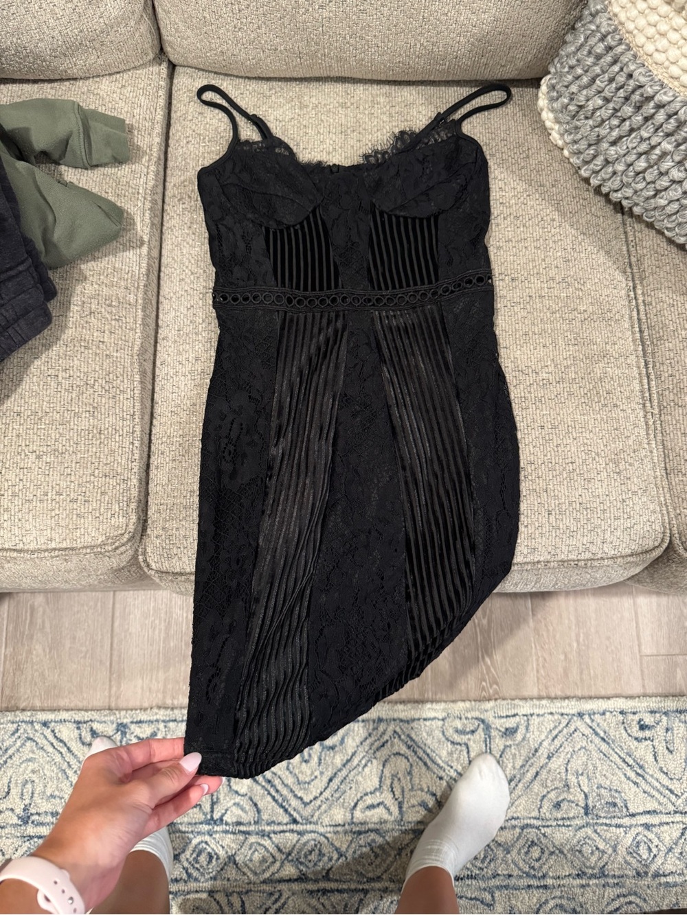 PrettyLittleThing Black Lace & Pleated Asymmetrical Mini Dress